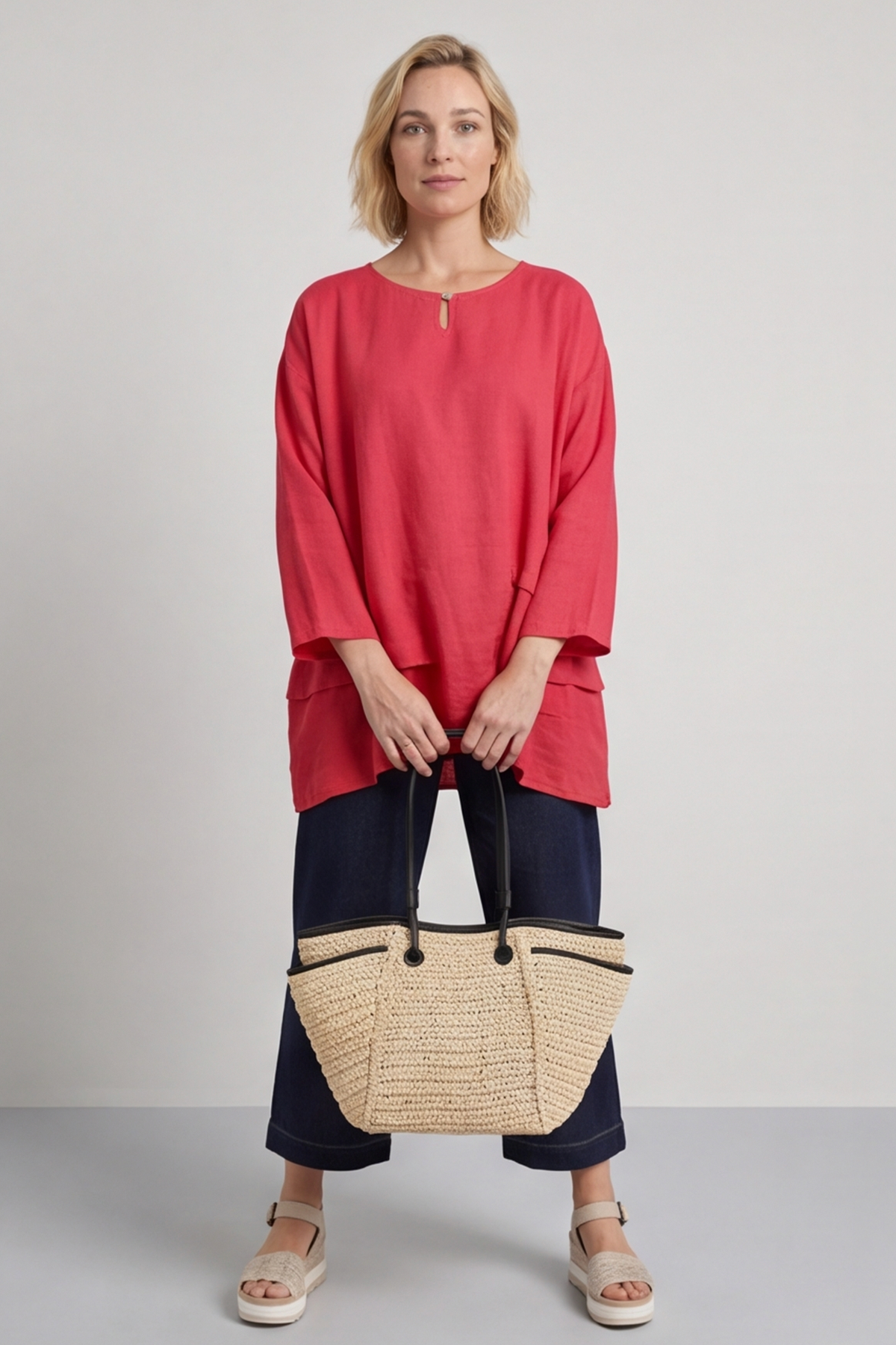 Loriella Keyhole Linen Top Hot Pink
