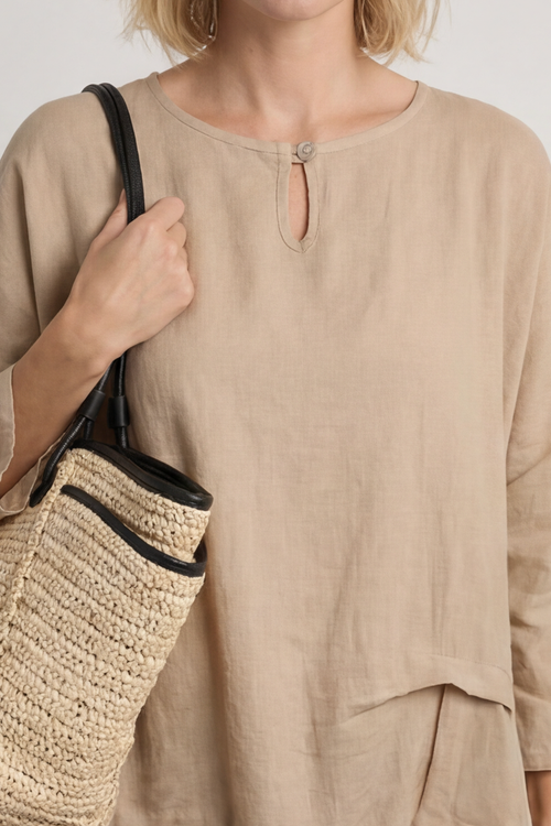 Loriella Keyhole Linen Top Camel - Image 2