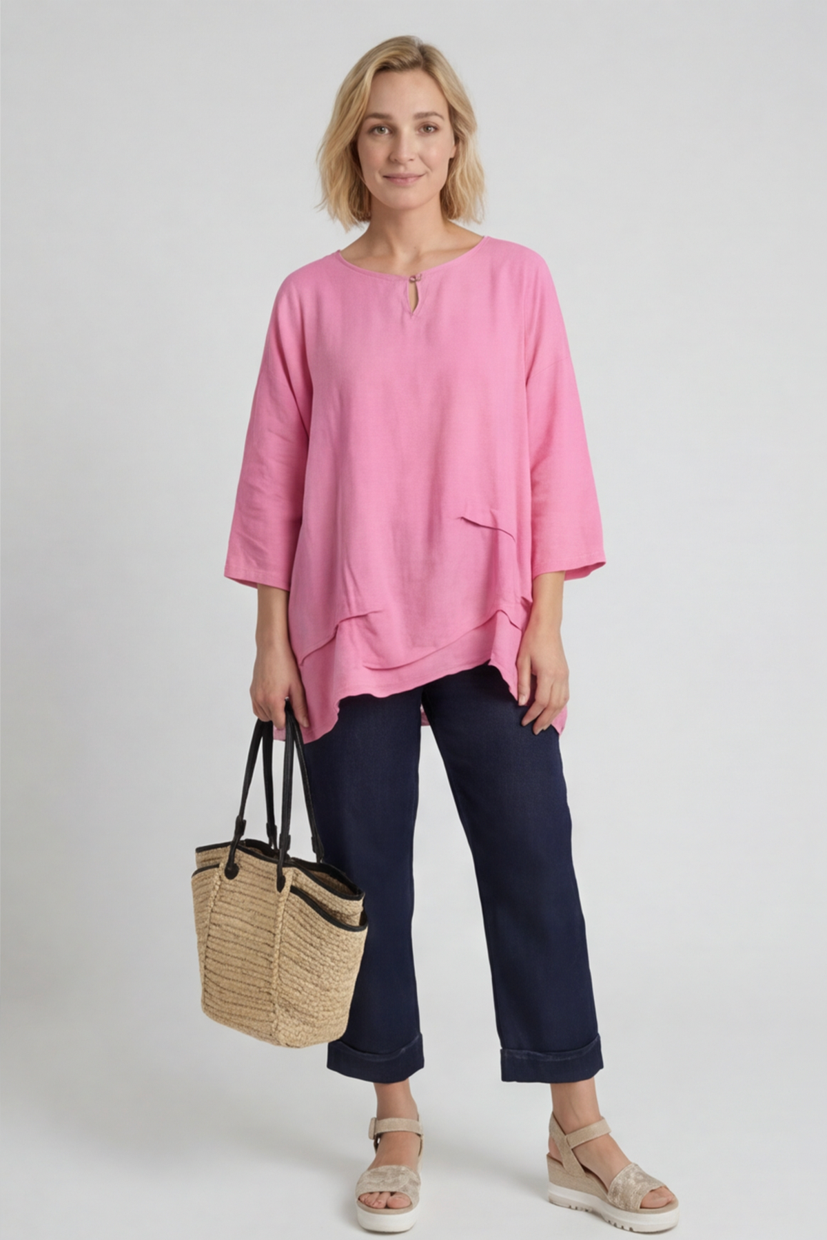 Loriella Keyhole Linen Top Fuchsia