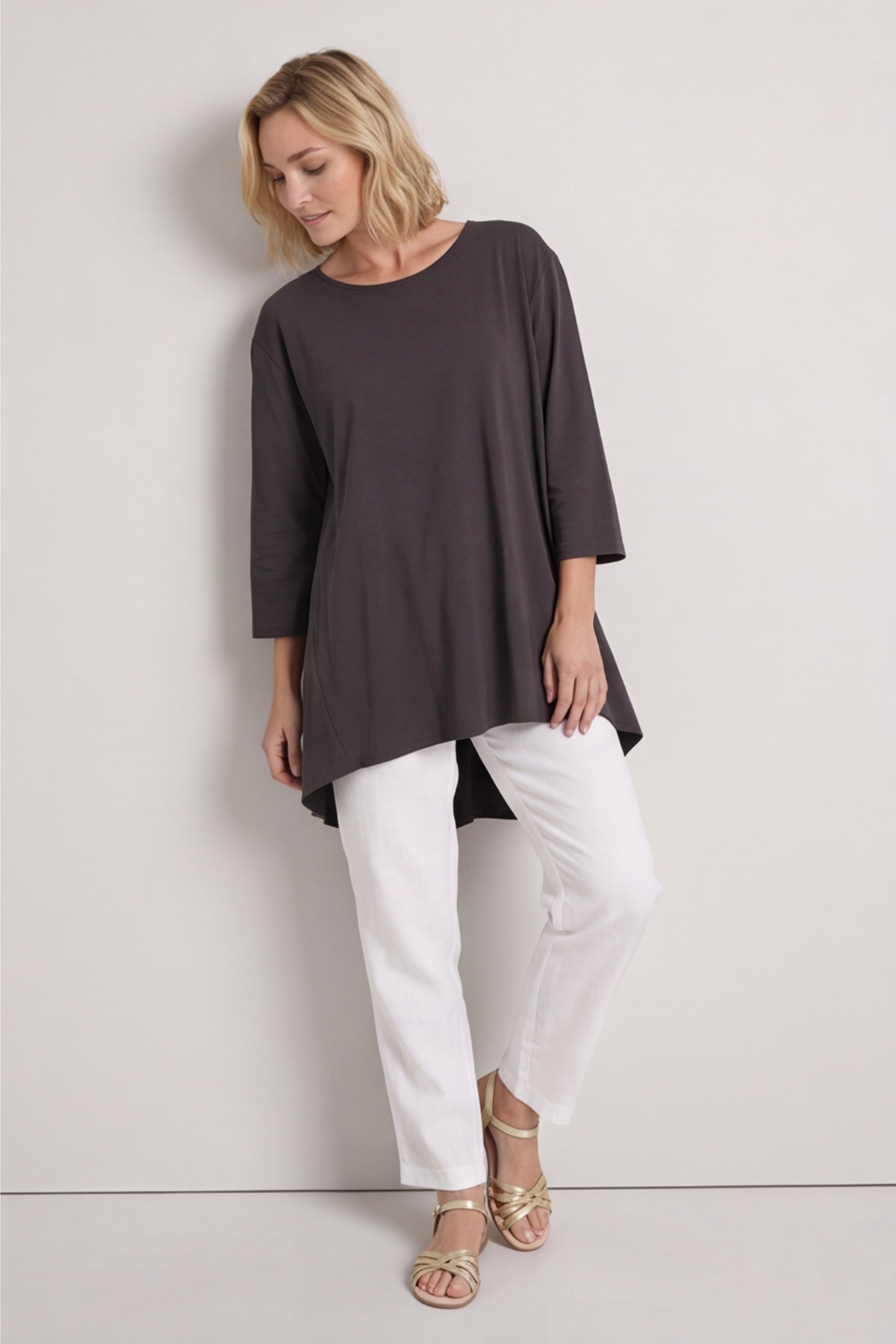 Lulu Button Back Cotton Top Charcoal