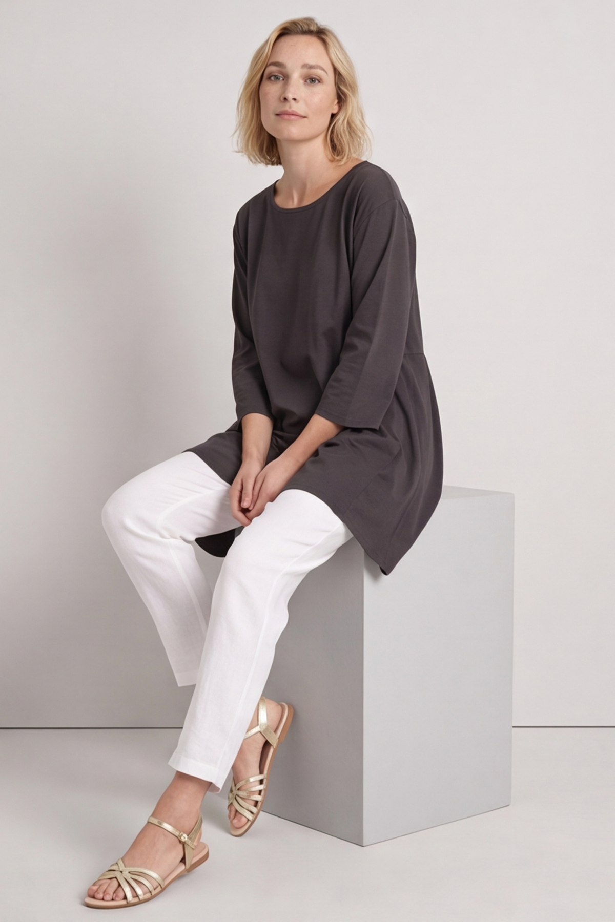 Lulu Button Back Cotton Top Charcoal