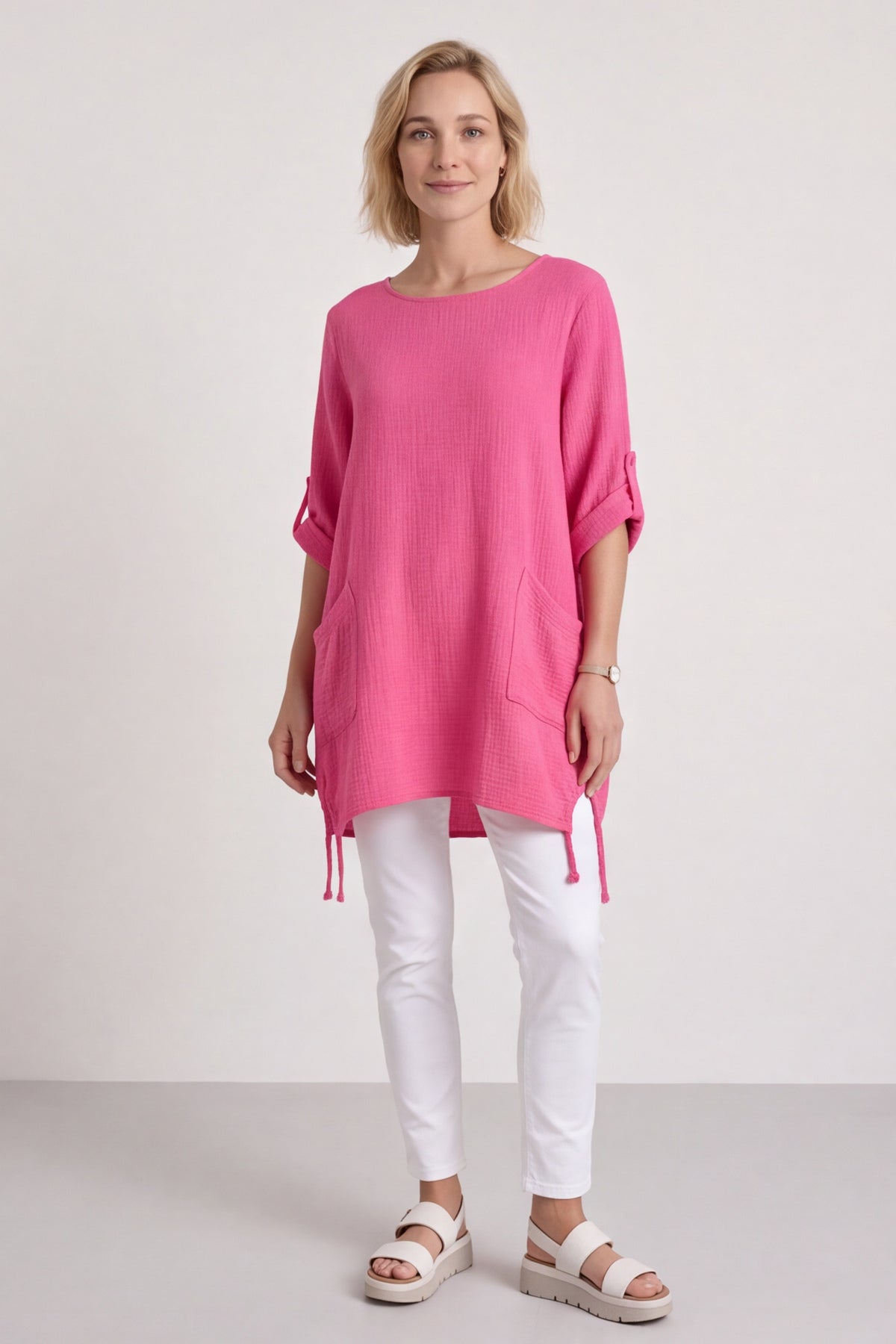 Casey Crinkle Cotton Tunic Fuchsia