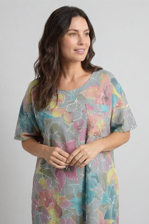 Madeline Floral Print Linen Dress Stone - Image 2