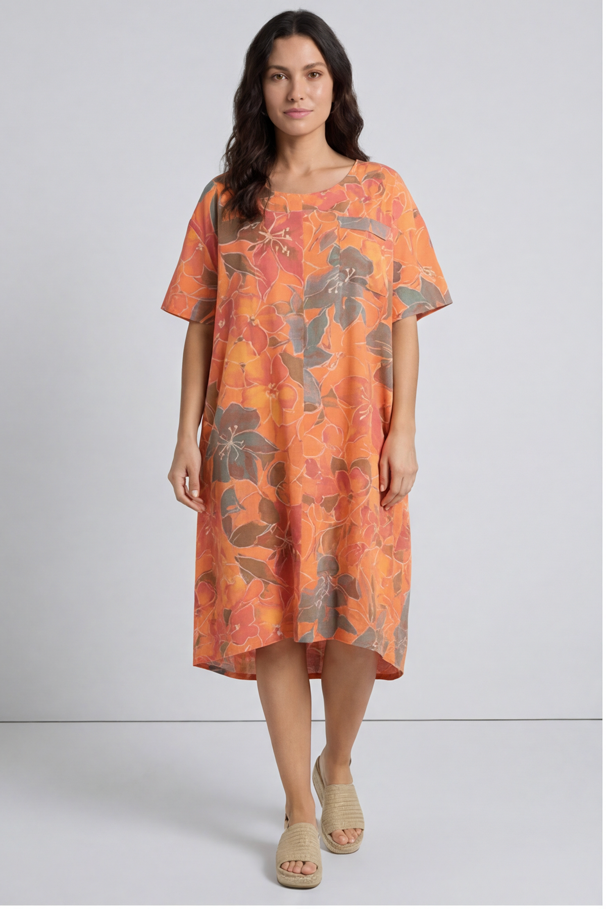 Madeline Floral Print Linen Dress Orange