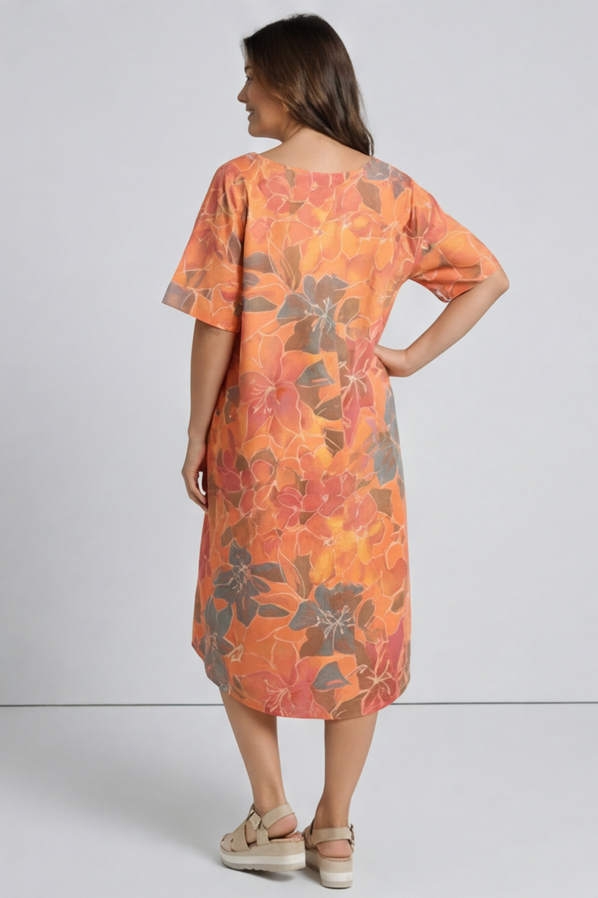 Madeline Floral Print Linen Dress Orange