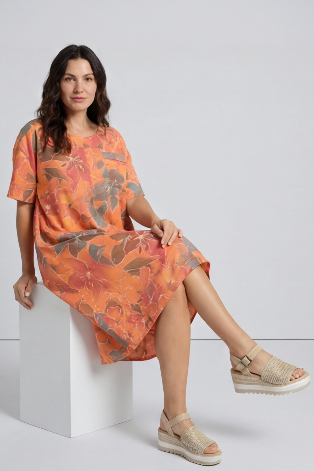 Madeline Floral Print Linen Dress Orange
