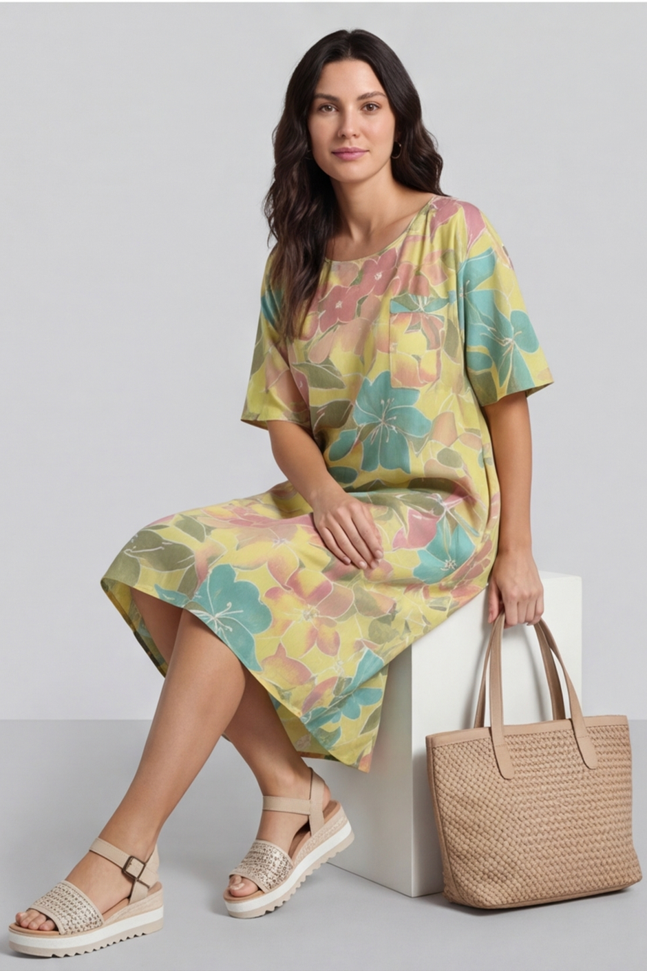 Madeline Floral Print Linen Dress Yellow