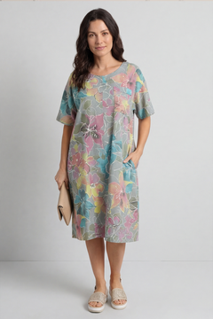 Madeline Floral Print Linen Dress Mid Grey