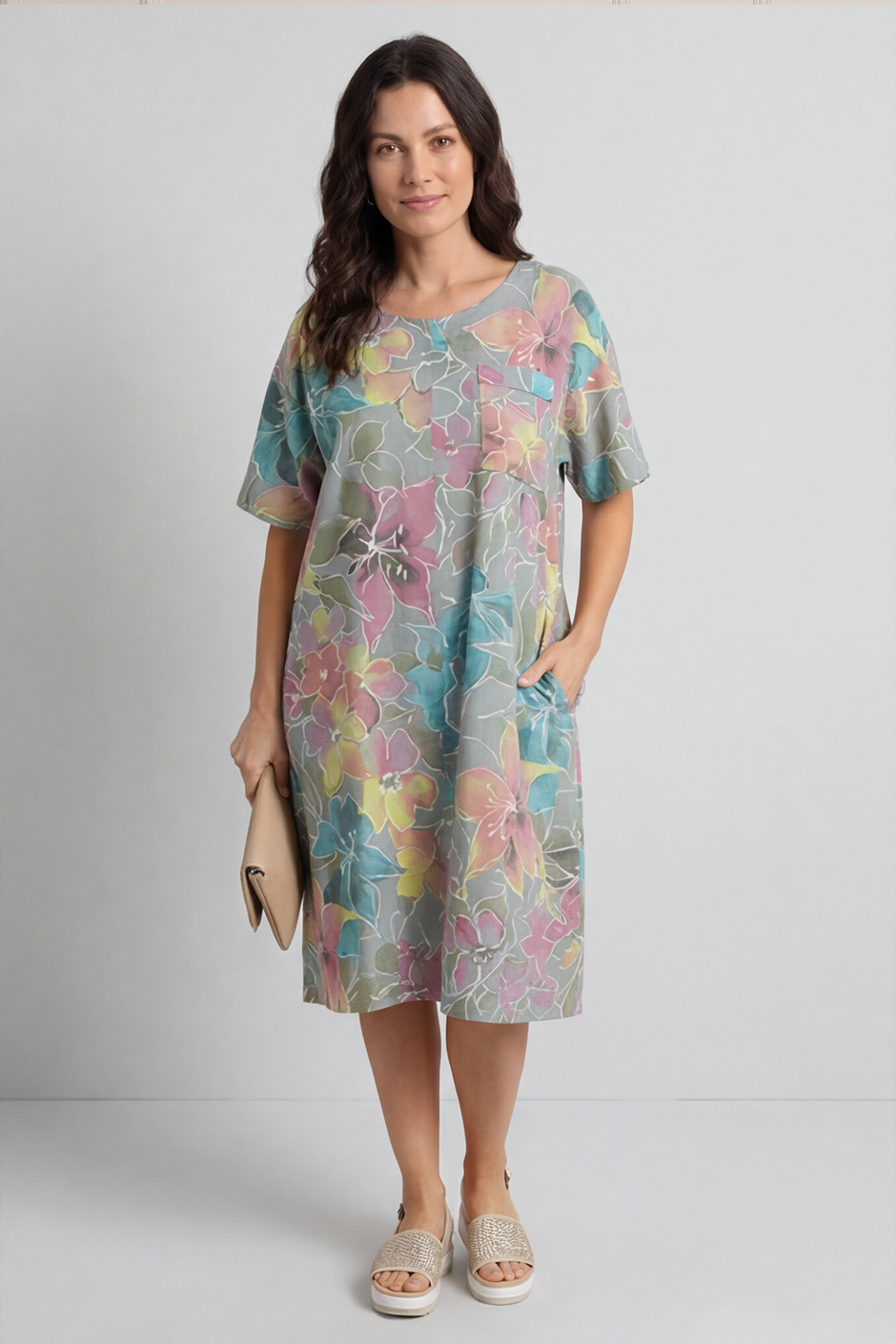 Madeline Floral Print Linen Dress Mid Grey