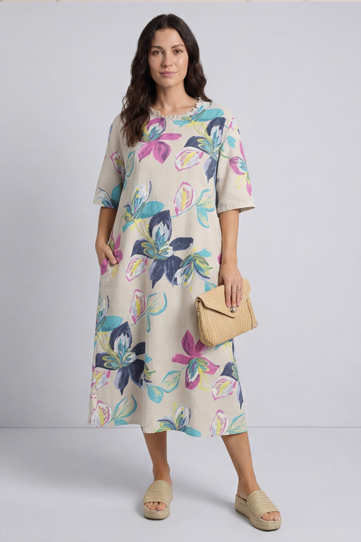 Mallory Print Linen Dress Stone