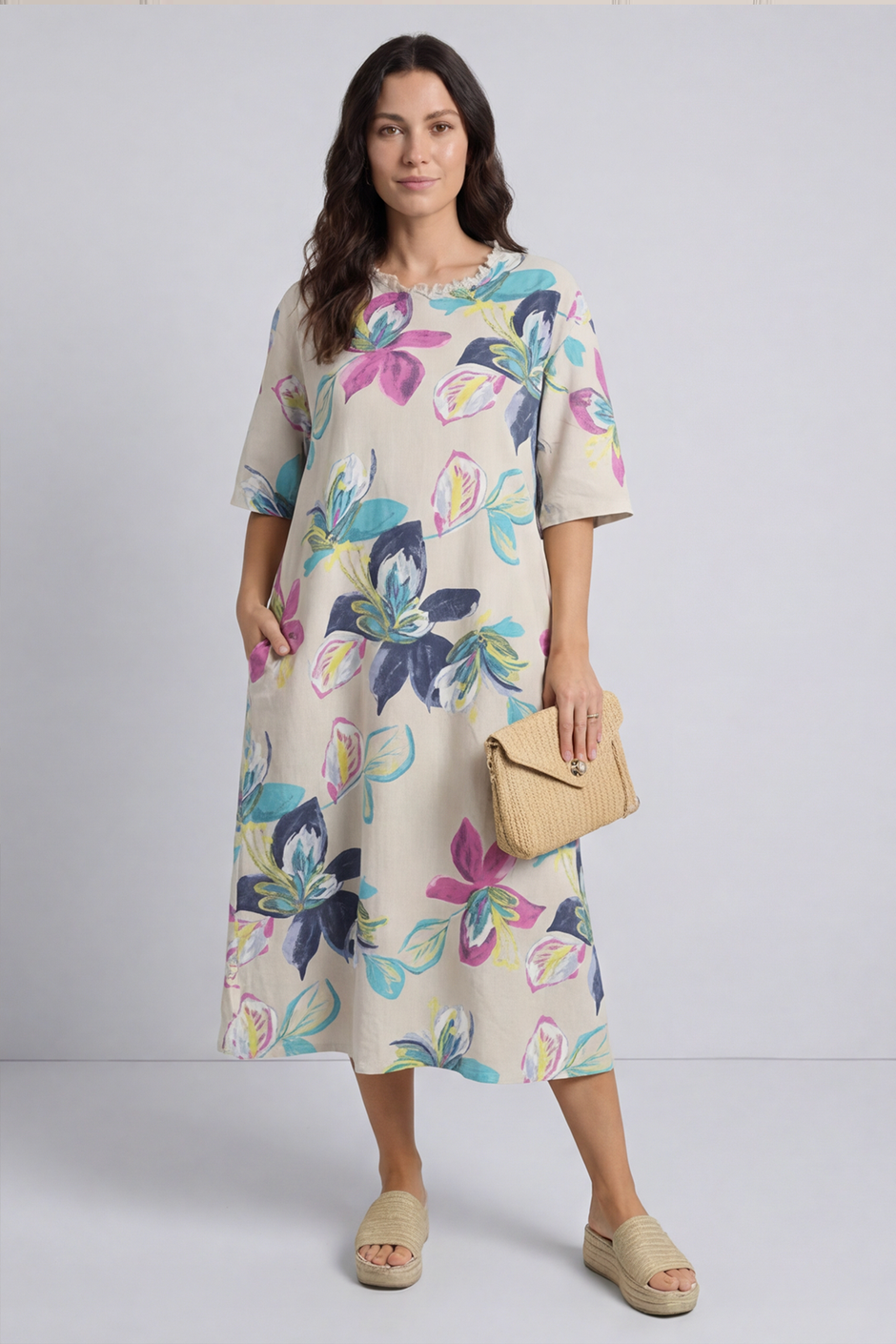 Mallory Print Linen Dress Stone