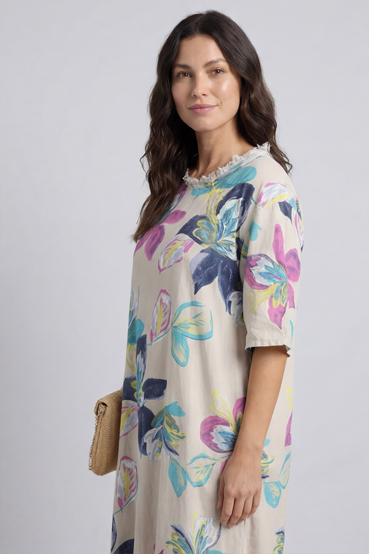 Mallory Print Linen Dress Stone