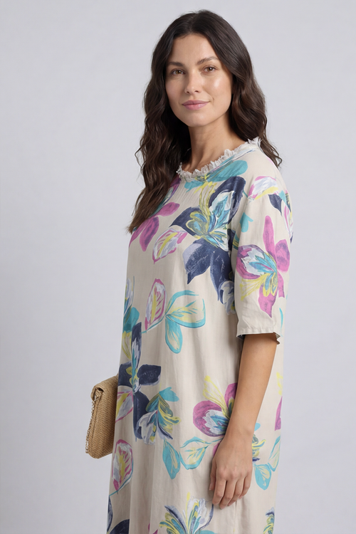 Mallory Print Linen Dress Stone - Image 2