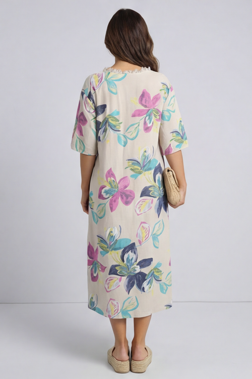 Mallory Print Linen Dress Stone - Image 4