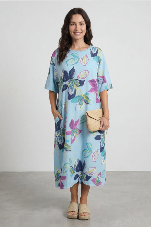 Mallory Print Linen Dress Light Blue - Image 5