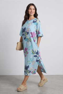 Mallory Print Linen Dress Light Blue