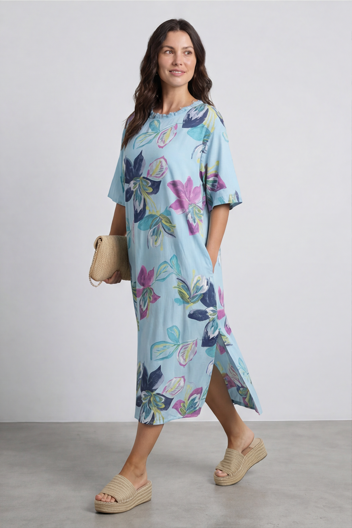 Mallory Print Linen Dress Light Blue