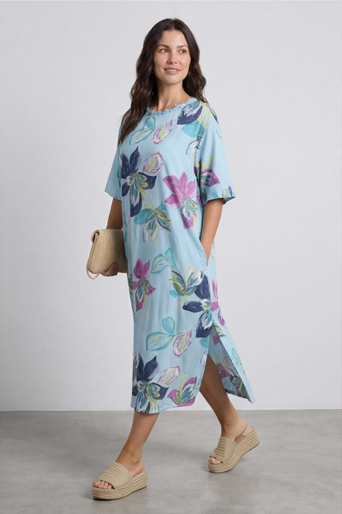 Mallory Print Linen Dress Light Blue - Image 1