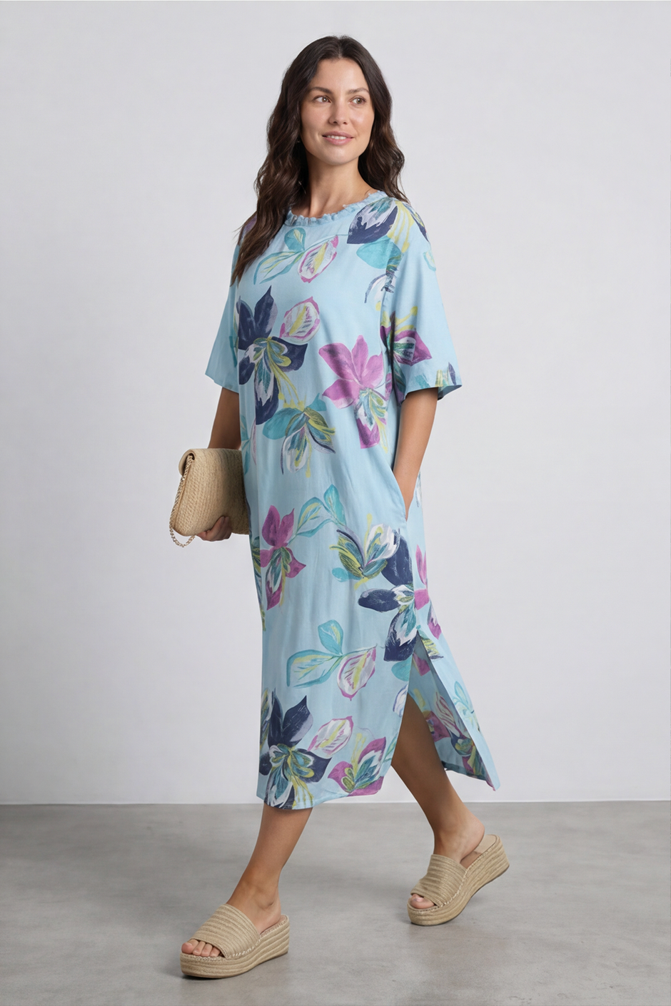 Mallory Print Linen Dress Light Blue