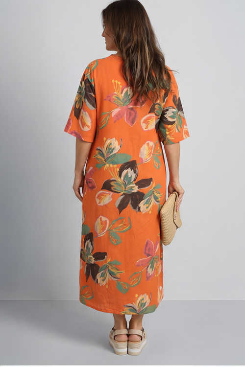 Mallory Print Linen Dress Orange - Image 3