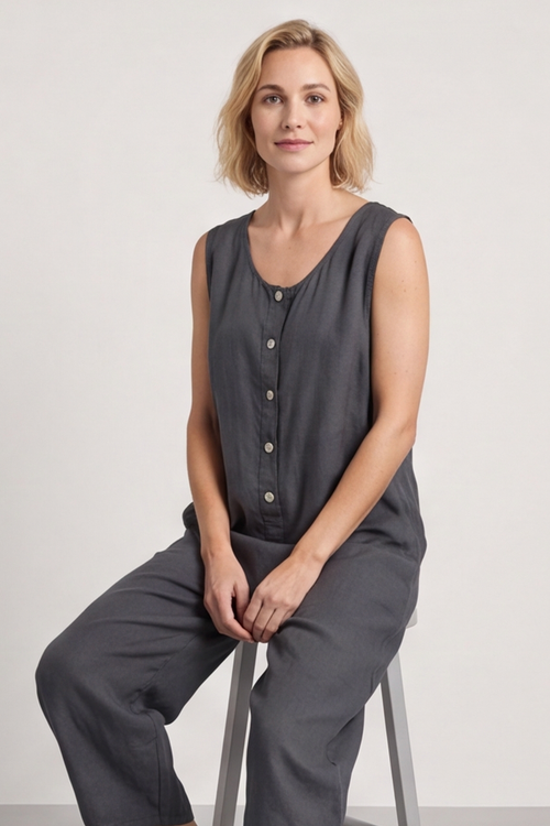 Margot Sleeveless Linen Jumpsuit Charcoal - Image 2