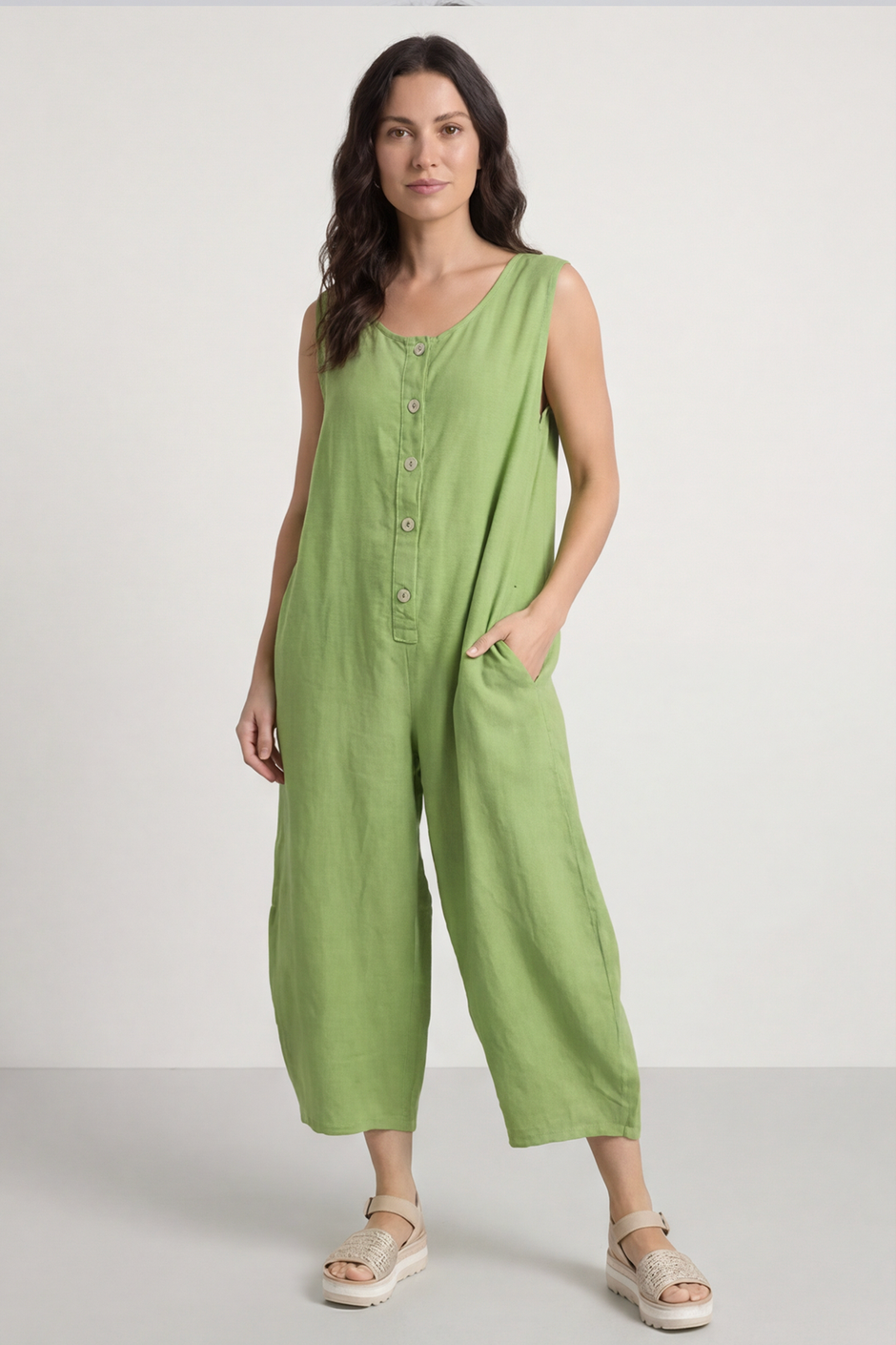 Margot Sleeveless Linen Jumpsuit Green