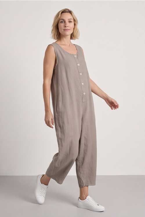 Margot Sleeveless Linen Jumpsuit Mocha - Image 4