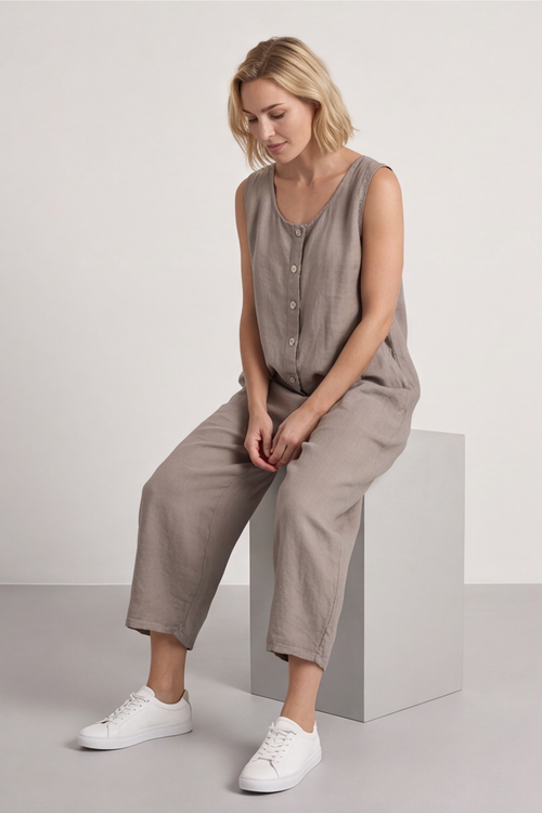 Margot Sleeveless Linen Jumpsuit Mocha - Image 6