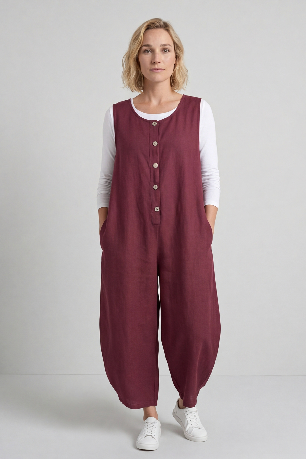 Margot Sleeveless Linen Jumpsuit Wine