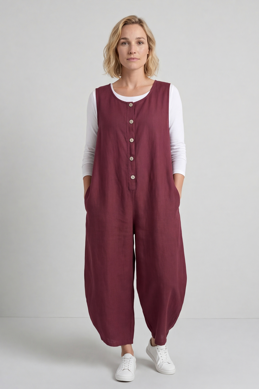 Margot Sleeveless Linen Jumpsuit Wine