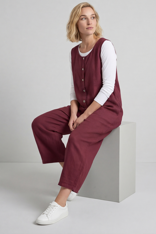 Margot Sleeveless Linen Jumpsuit Wine - Image 2