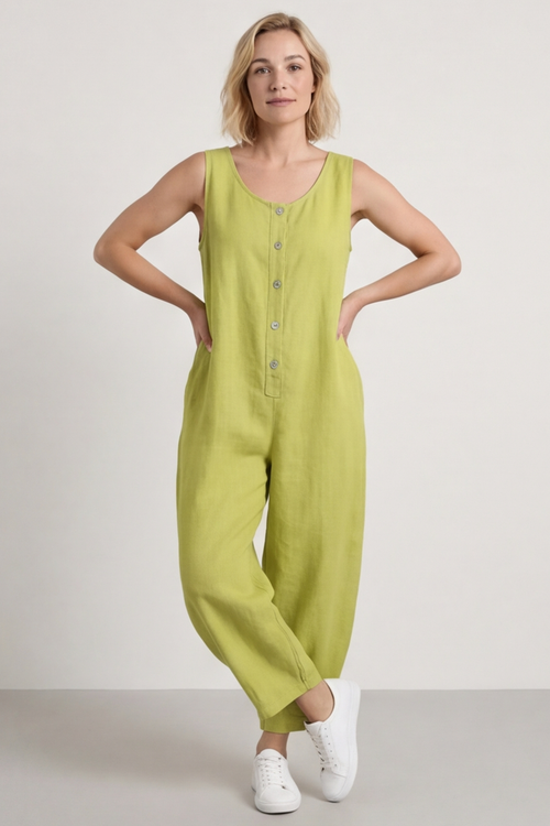 Margot Sleeveless Linen Jumpsuit Olive - Image 2