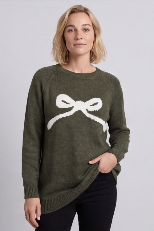 Melinda Bow Knitted Jumper Khaki - Image 5