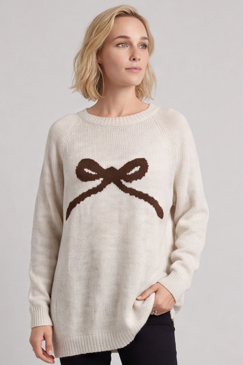 Melinda Bow Knitted Jumper Stone - Image 3