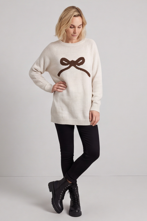 Melinda Bow Knitted Jumper Stone - Image 1