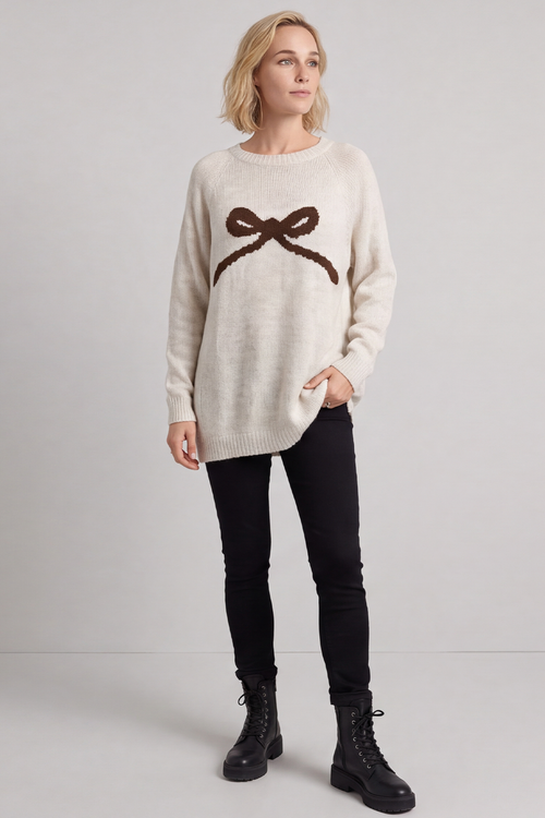 Melinda Bow Knitted Jumper Stone - Image 4
