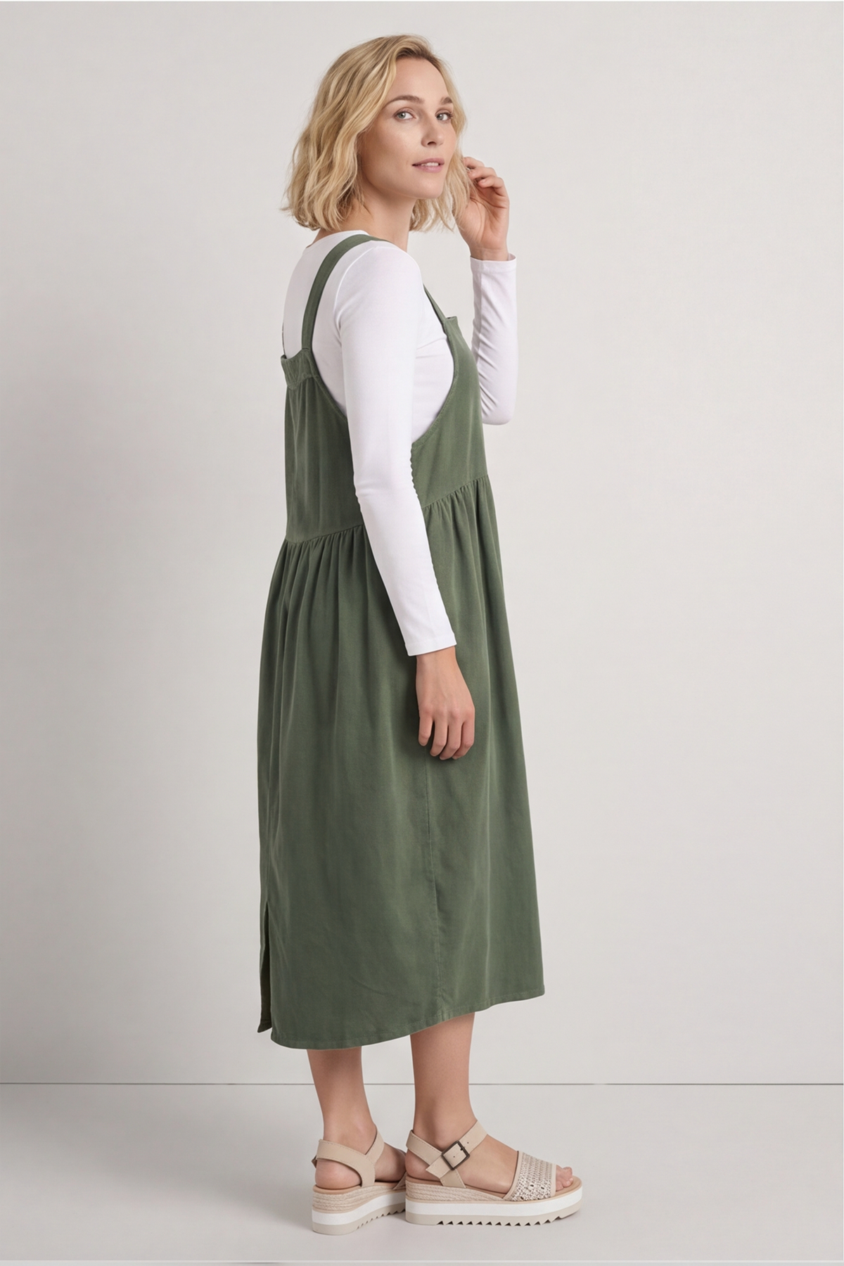 Meredith Washed Linen Pinafore Khaki