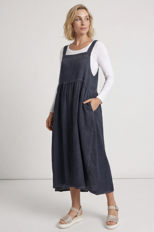 Meredith Washed Linen Pinafore Navy