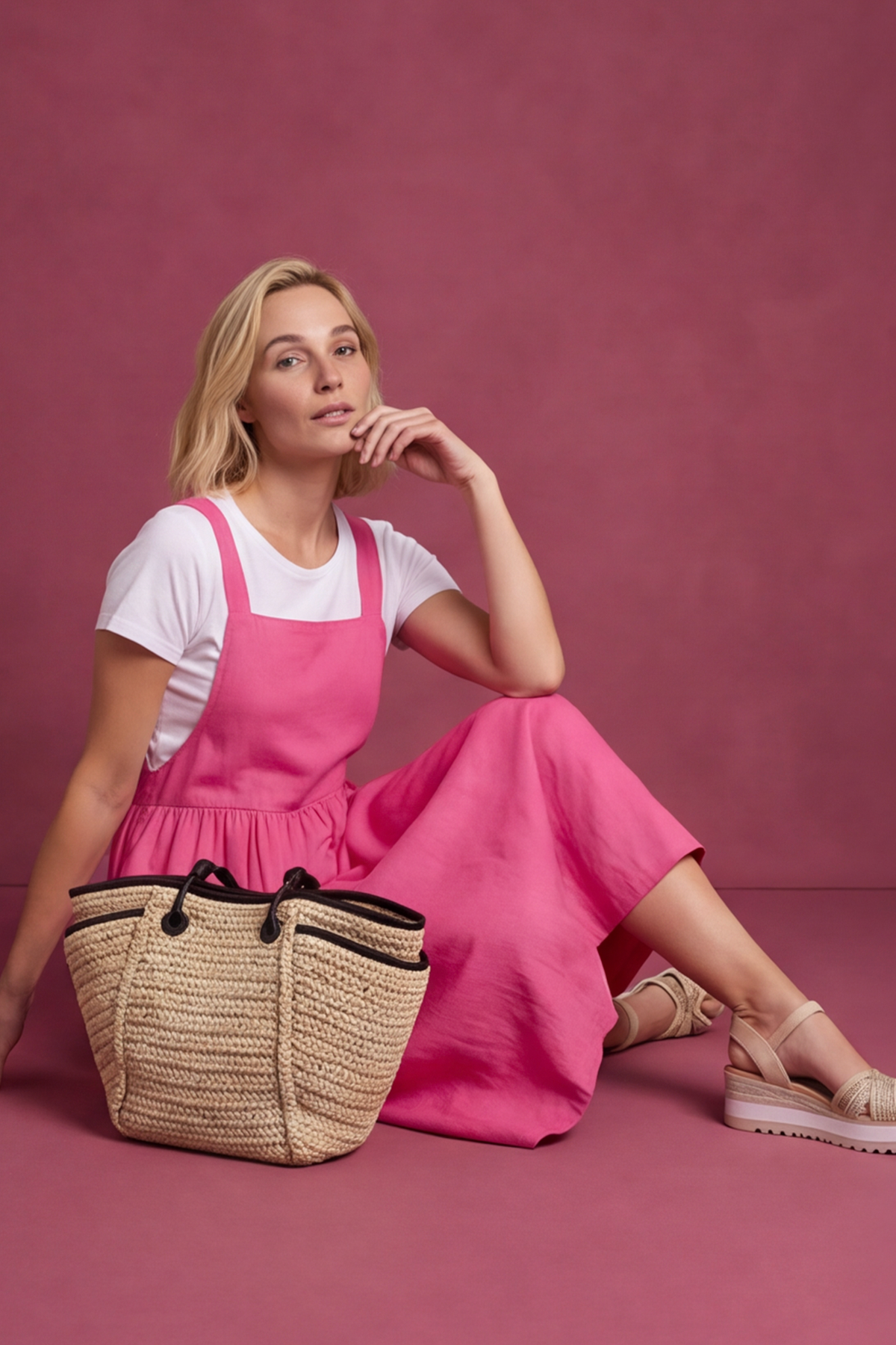 Meredith Linen Pinafore Dress Fuchsia
