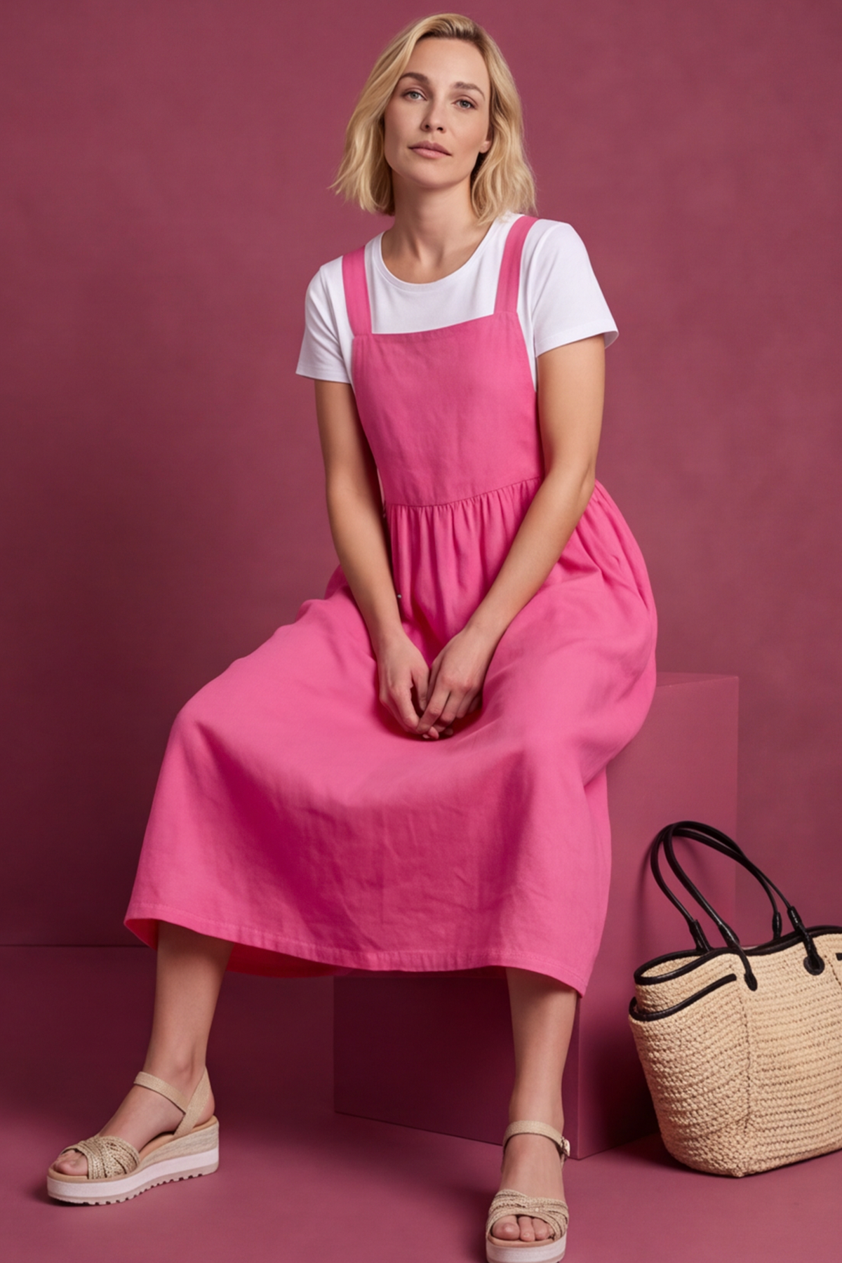 Meredith Linen Pinafore Dress Fuchsia