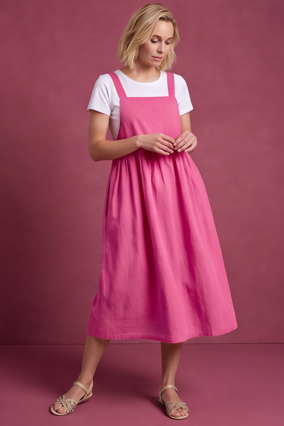 Meredith Linen Pinafore Dress Fuchsia