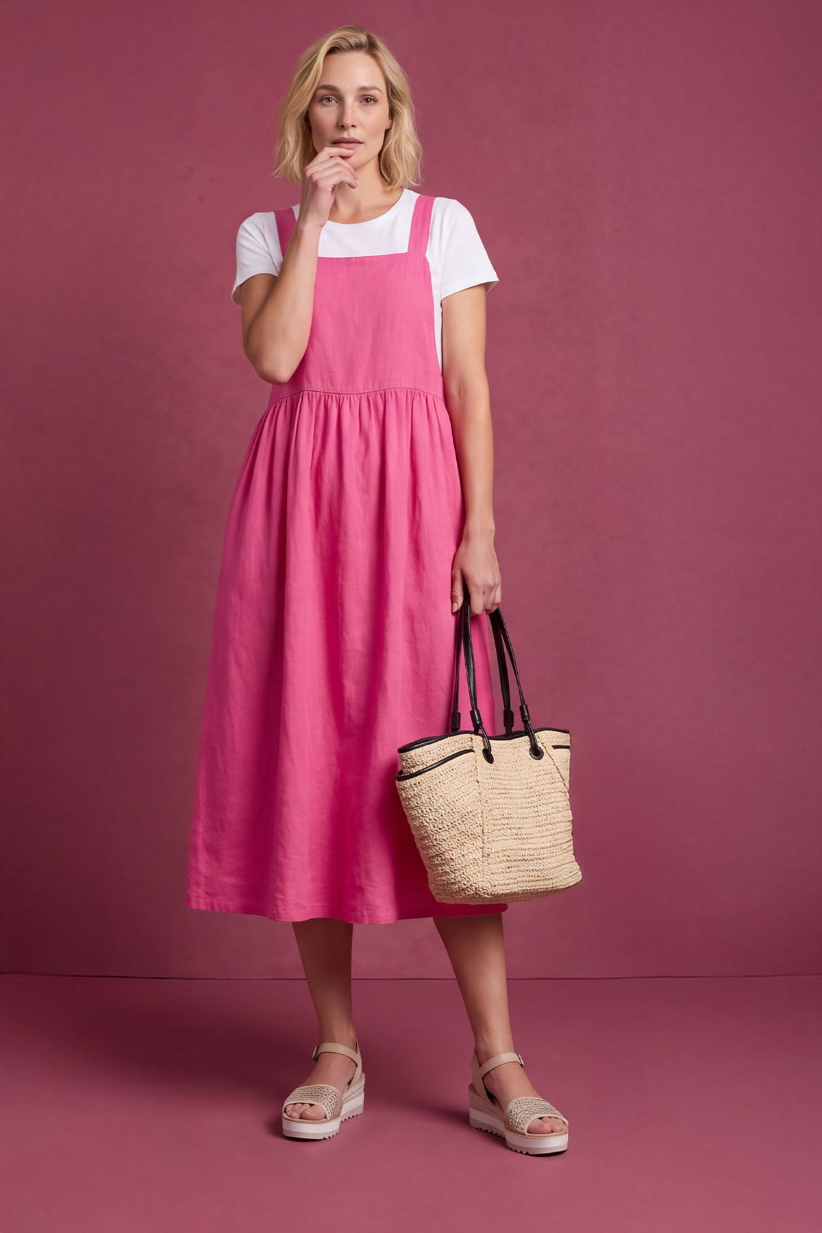 Meredith Linen Pinafore Dress Fuchsia