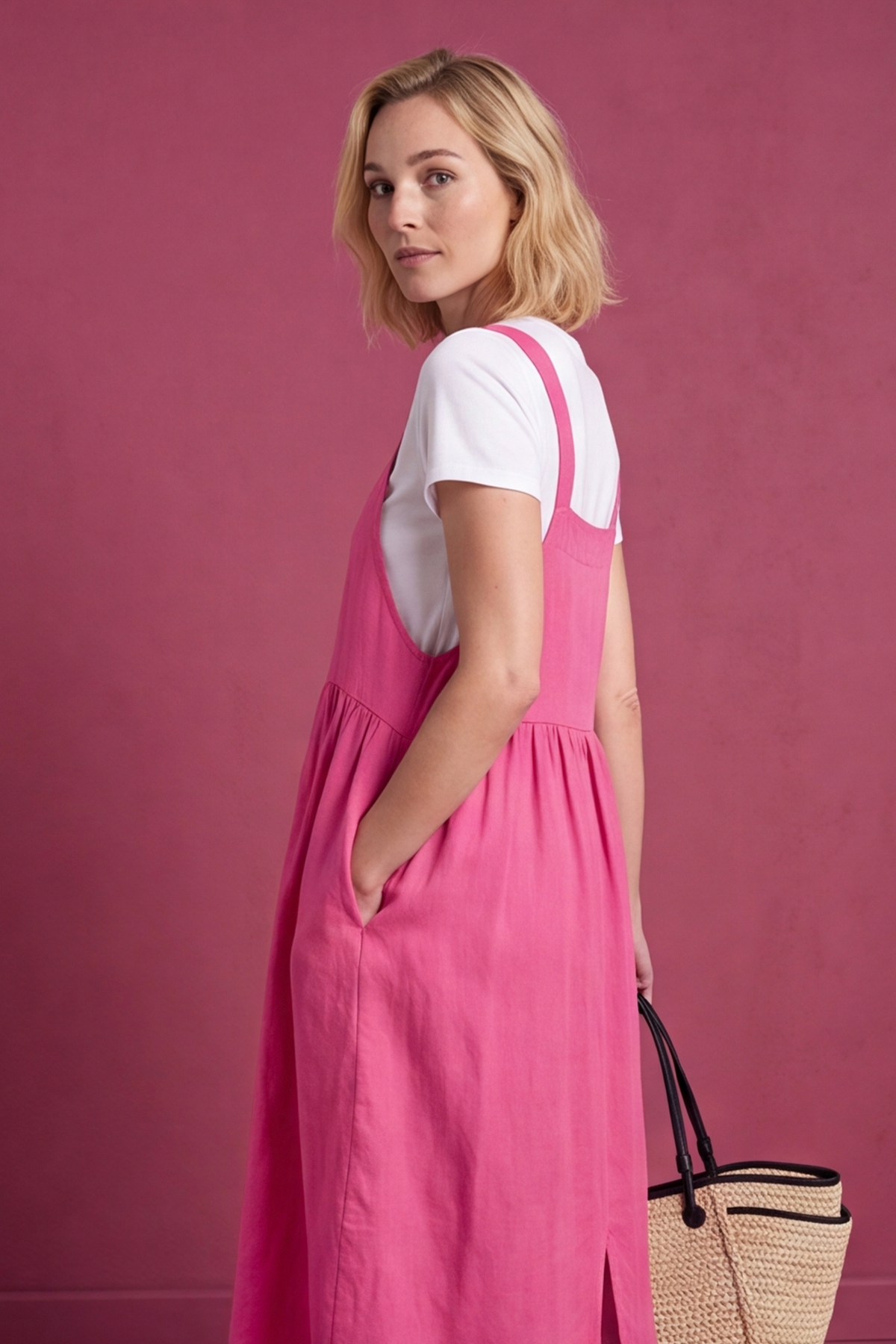 Meredith Linen Pinafore Dress Fuchsia