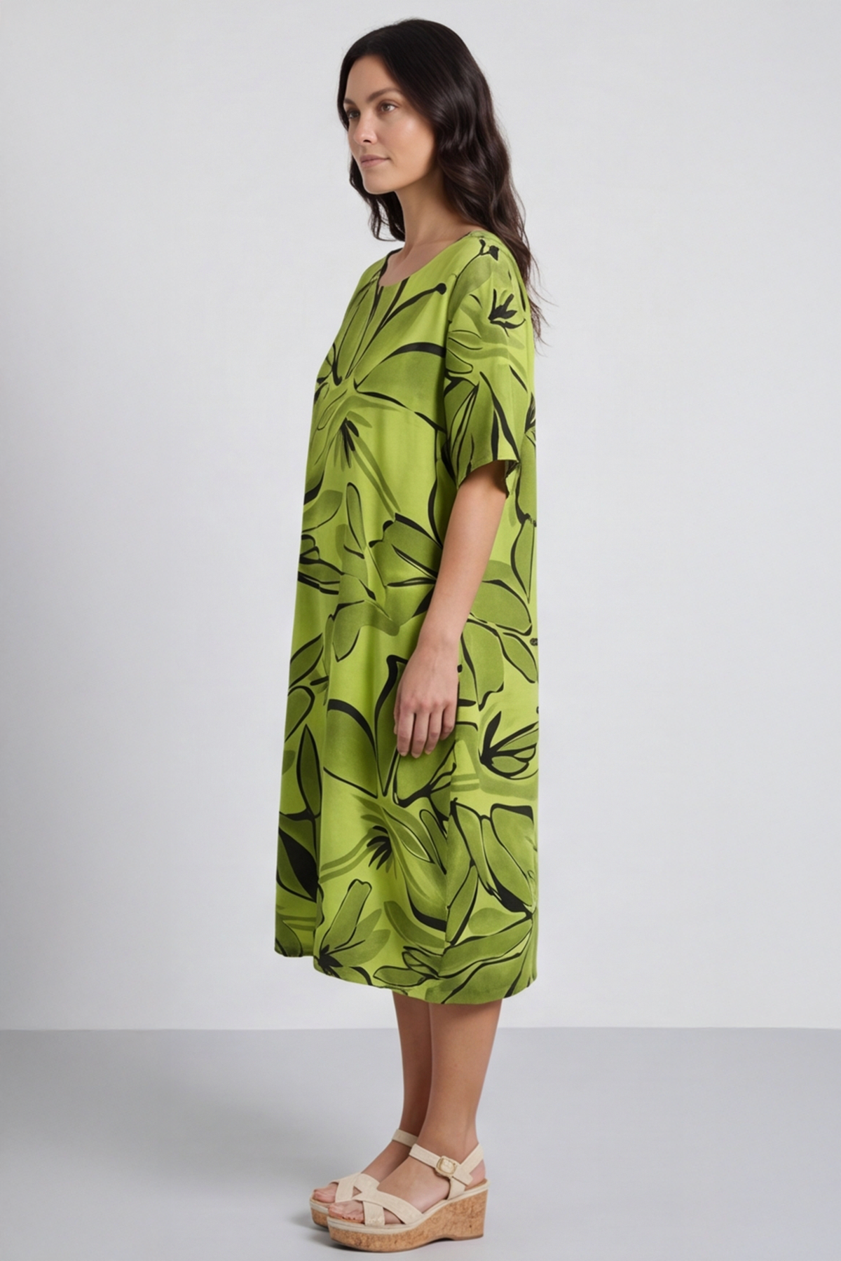 Milana Floral Print Linen Dress Olive