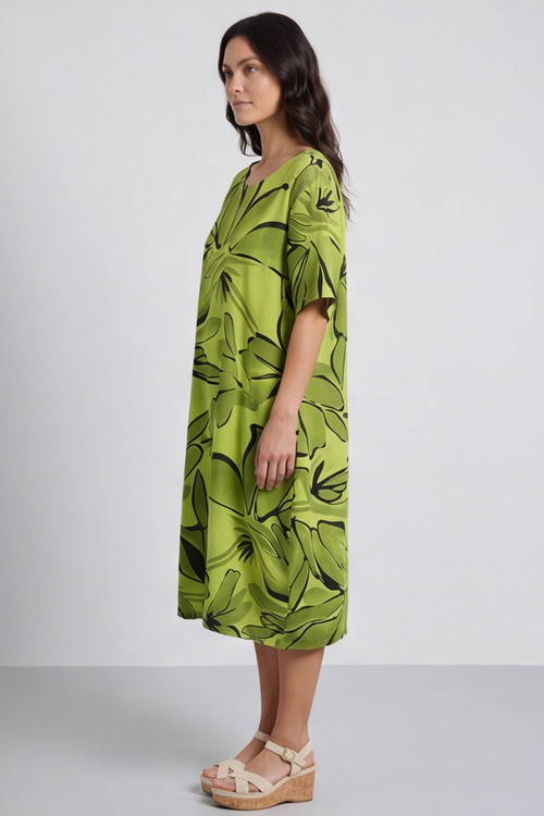 Milana Floral Print Linen Dress Olive - Image 3