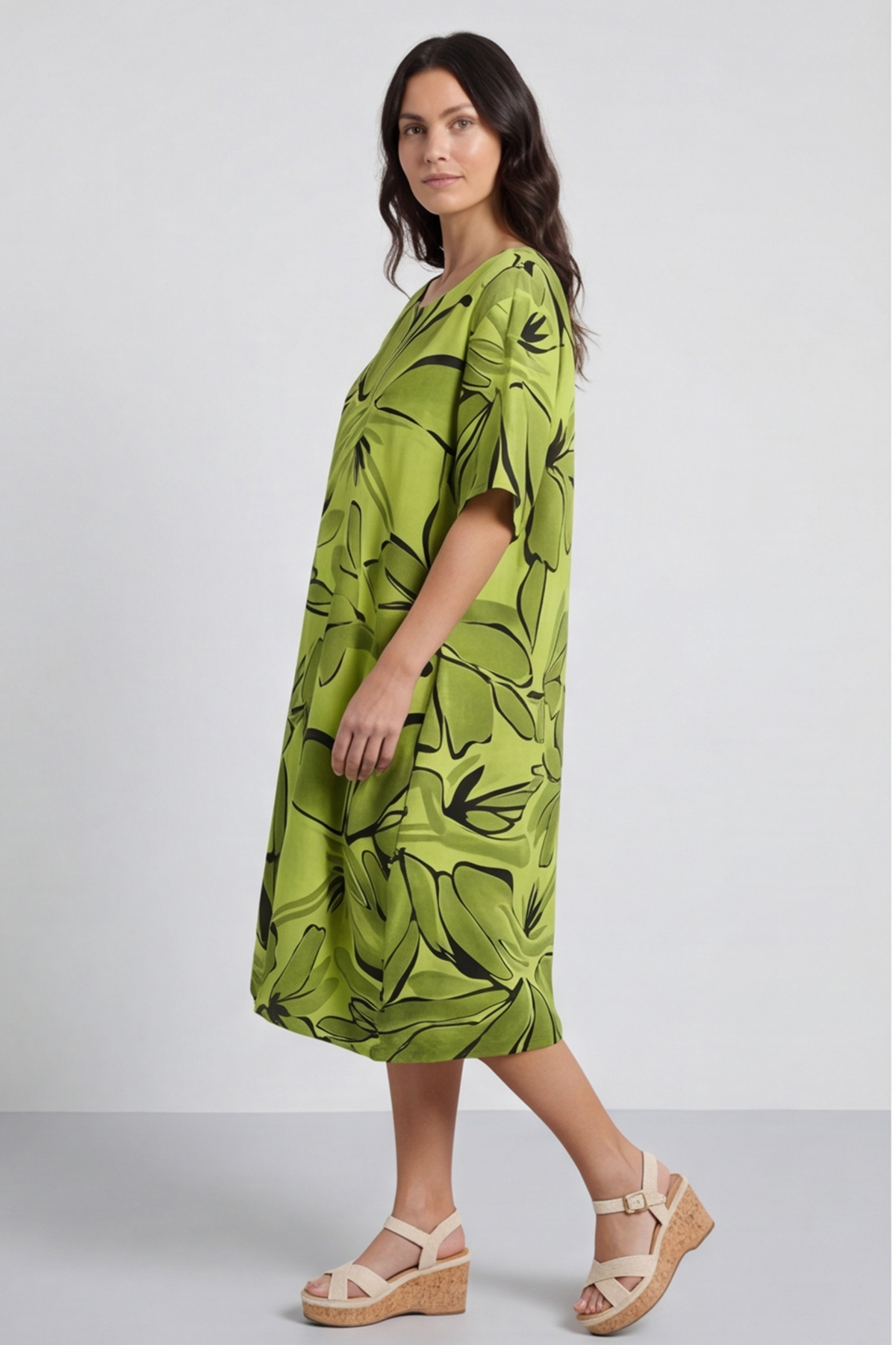 Milana Floral Print Linen Dress Olive