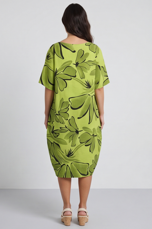 Milana Floral Print Linen Dress Olive - Image 4
