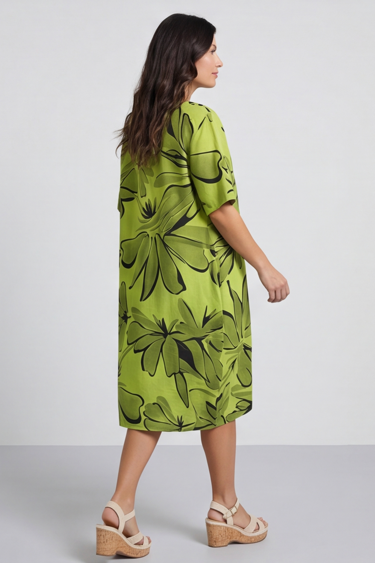 Milana Floral Print Linen Dress Olive