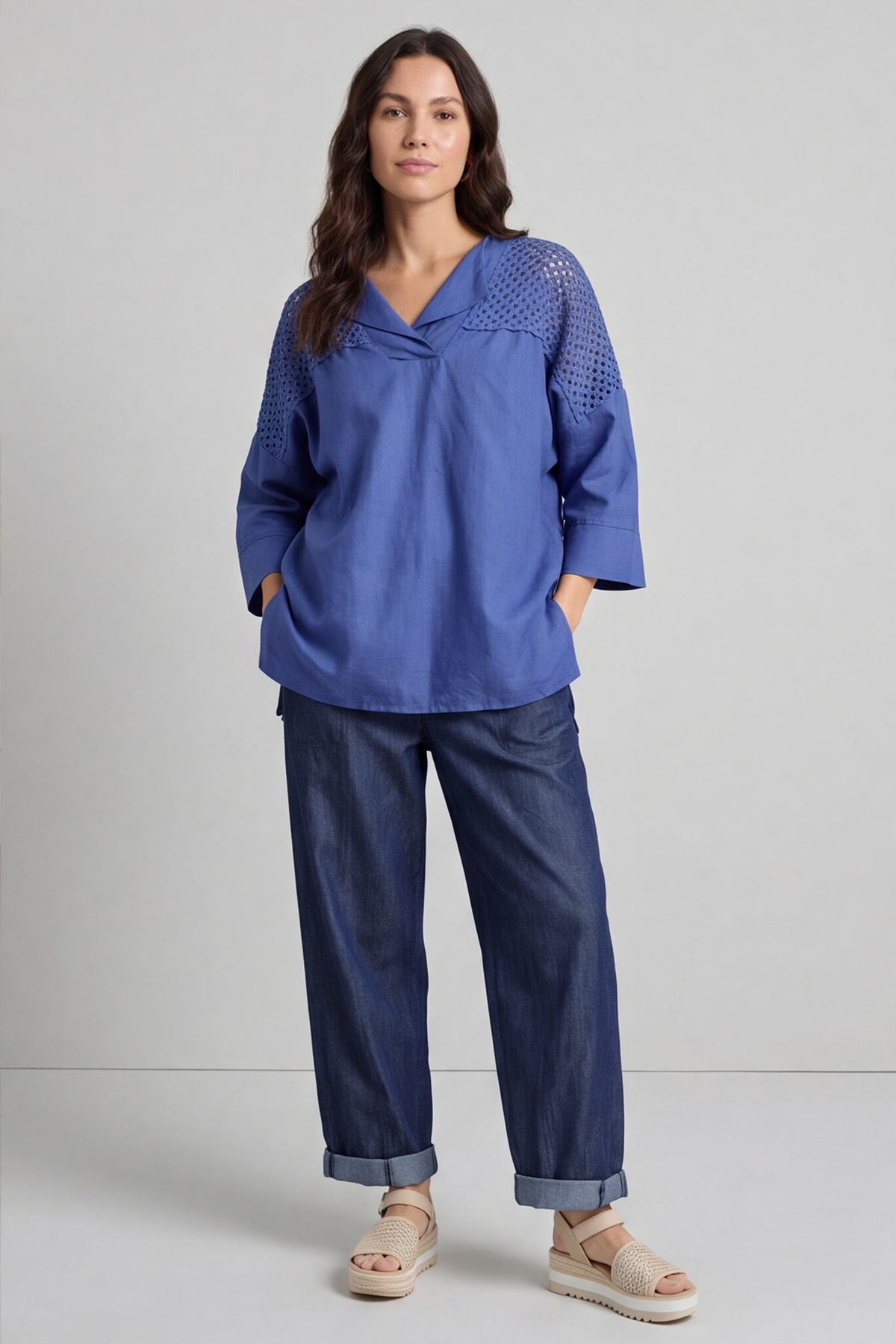 Natasha Crochet Shoulder Linen Top Royal Blue