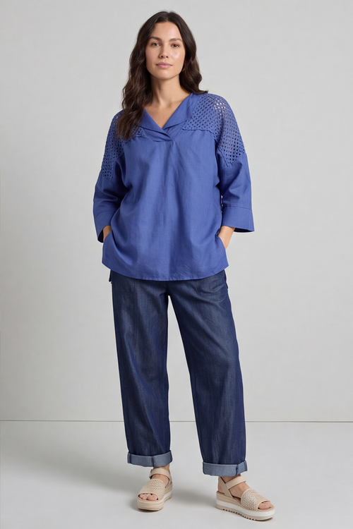Natasha Crochet Shoulder Linen Top Royal Blue - Image 2